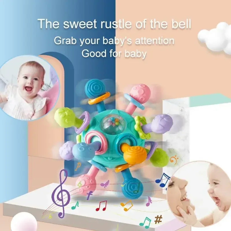 Jouets Bébé 0-12 Mois Hochet Balle Rotative Jouet d'Activité à Saisir Jouet de Développement Bébé Anneau de Dentition en Silicone Jouets Sensoriels Bébé pour Bébés
