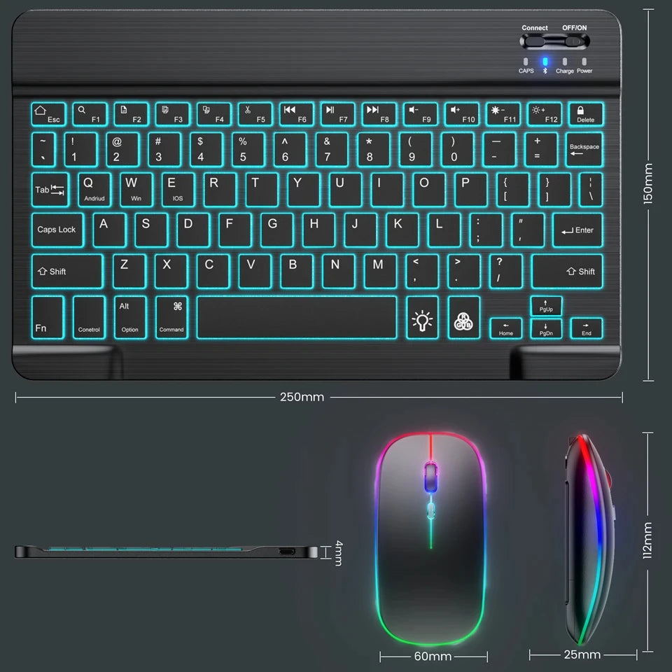 Mini RGB-Hintergrundbeleuchtungs-Tastatur 10 Zoll Bluetooth Kabellose Maus Wiederaufladbar für Spanisch Russisch Hebräisch Koreanisch Französisch Arabisch Portugiesisch