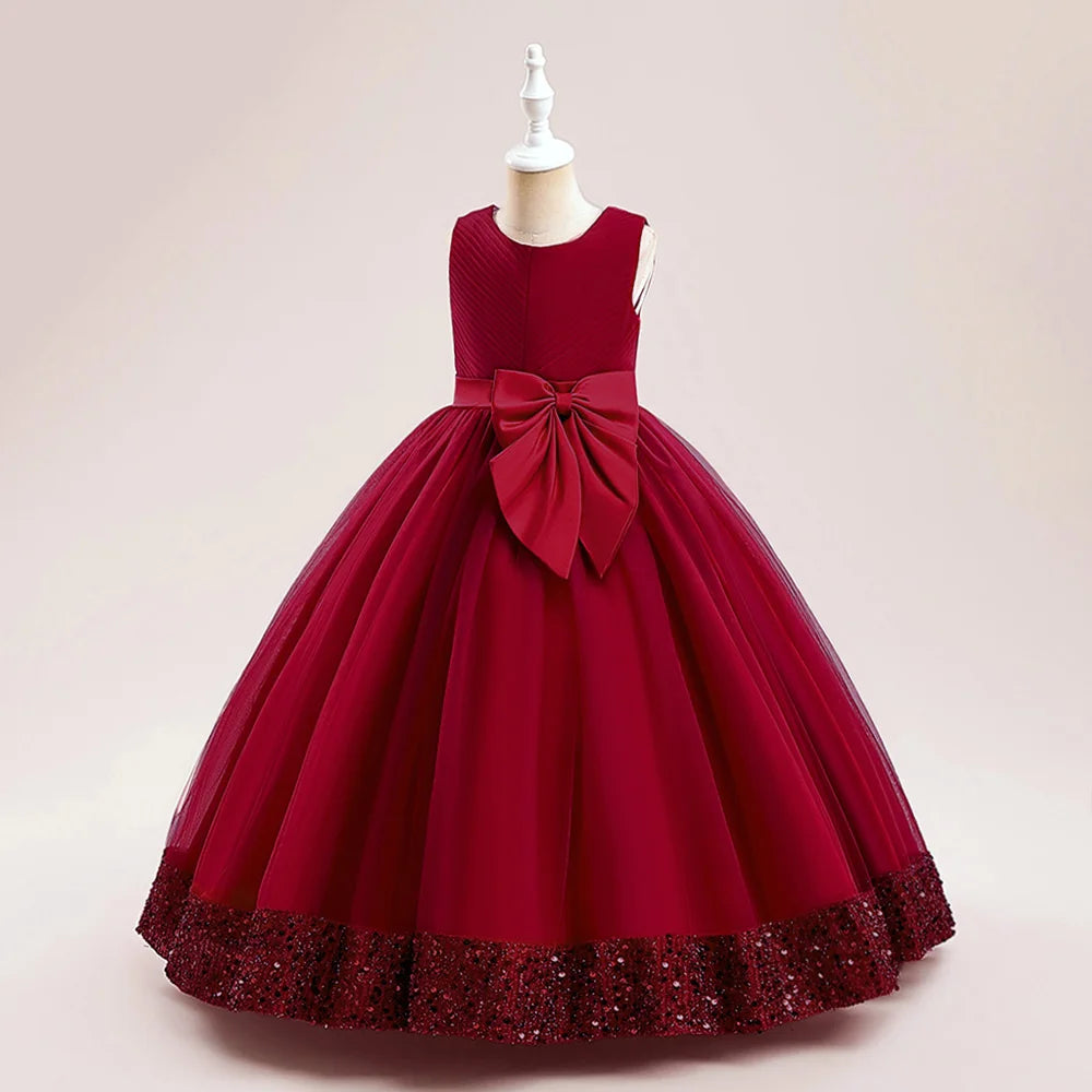 Fluffy Pailletten Brautjungfern Prinzessin Mädchenkleid Elegante Schleife Rosa Hochzeit Abschlussball Abend Kinder Partykleider für Mädchen Geburtstagskostüme