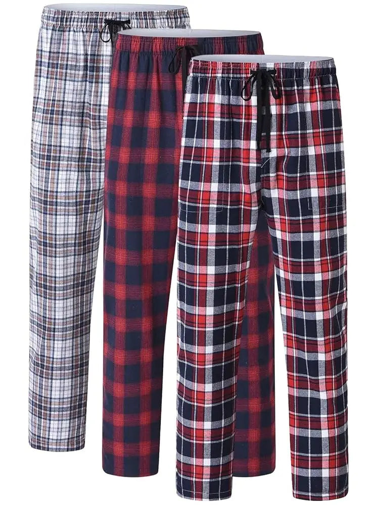 Pyjama Homme 3 Pièces Coton Carreaux, Pantalon de Pyjama Long Carreaux avec Taille Élastique pour Homme