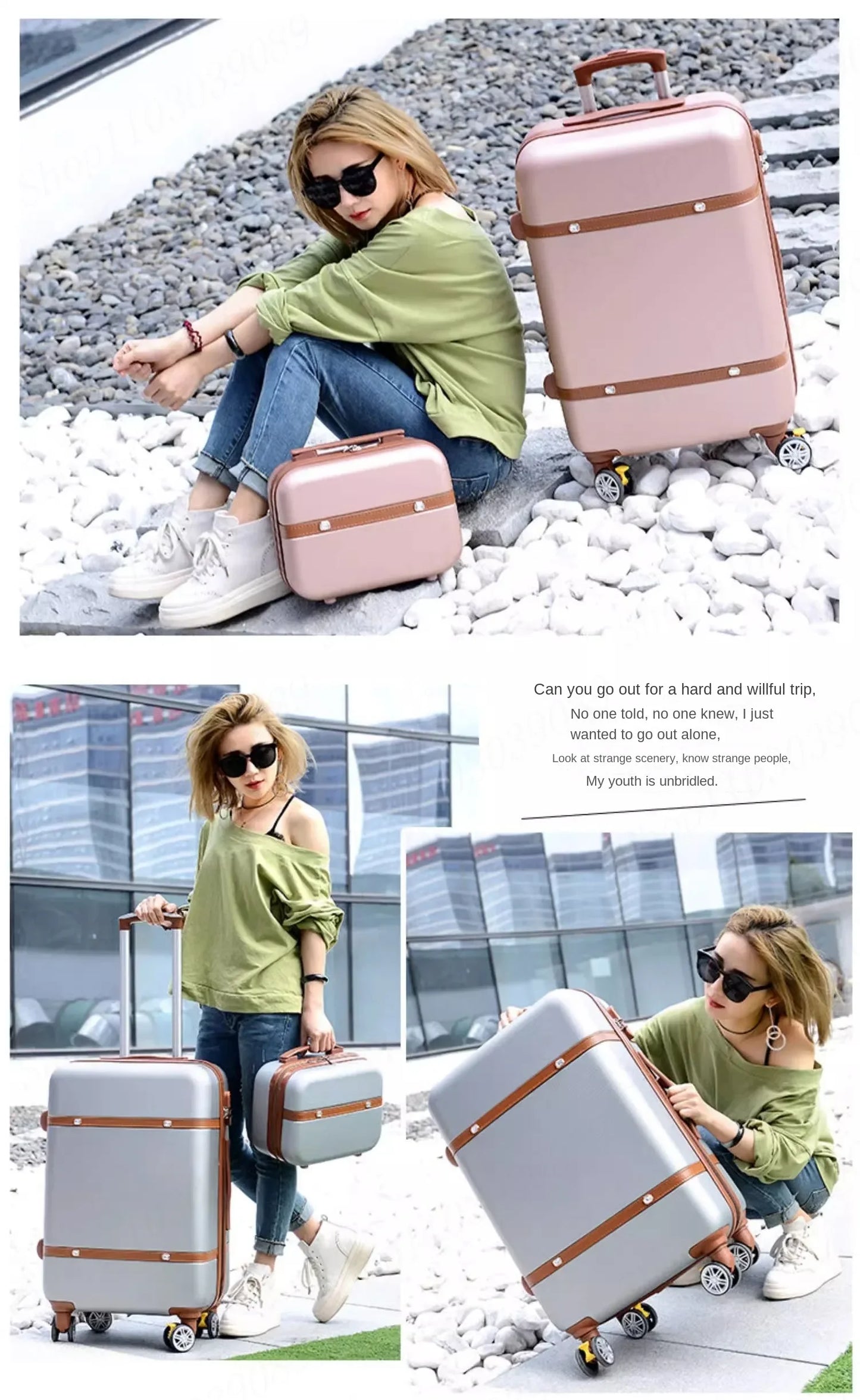 Nouvel ensemble de bagages à roulettes pour femmes - Ensemble valise de voyage tendance avec serrure à combinaison, sac à cosmétiques universel, ensemble de 2 valises à roulettes rétro