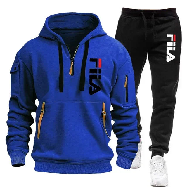 Herbst und Winter heiß begehrtes Herren-Kapuzensweatshirt + Freizeithose, zweiteiliges Outdoor-Set mit mehreren Taschen und Sporthose