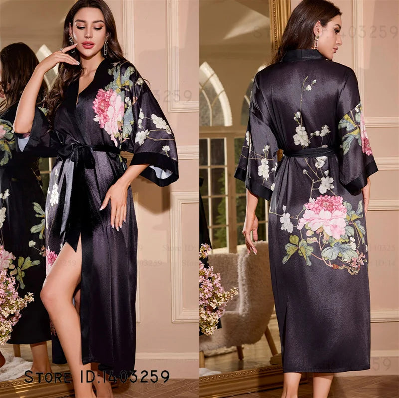 Großer Kimono Bademantel Blütenmuster Langer Morgenmantel Negligé Hauskleidung Frühling Sommer Neue Nachtwäsche Lose Pyjamas