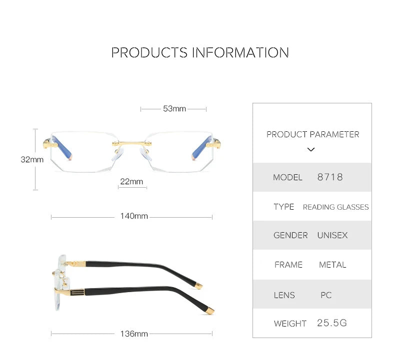 Lunettes de lecture anti-lumière bleue pour femmes, monture sans bords à découpe diamantée, pour hommes, anti-fatigue, hypermétropie, presbytie +1,5