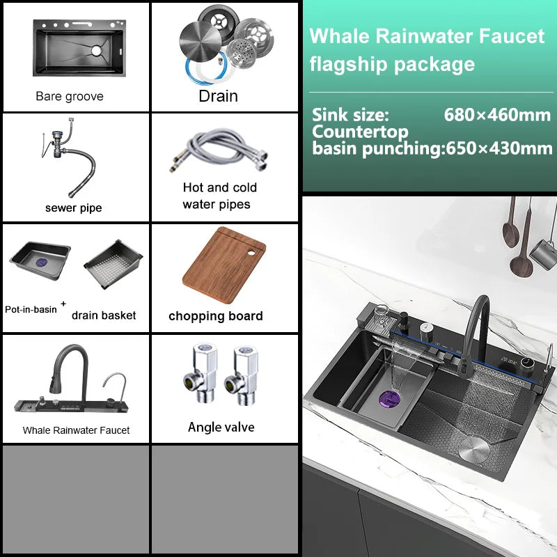 Évier de cuisine multifonction en acier inoxydable avec affichage numérique intelligent, grand bac unique et robinet cascade pour le lavage des légumes