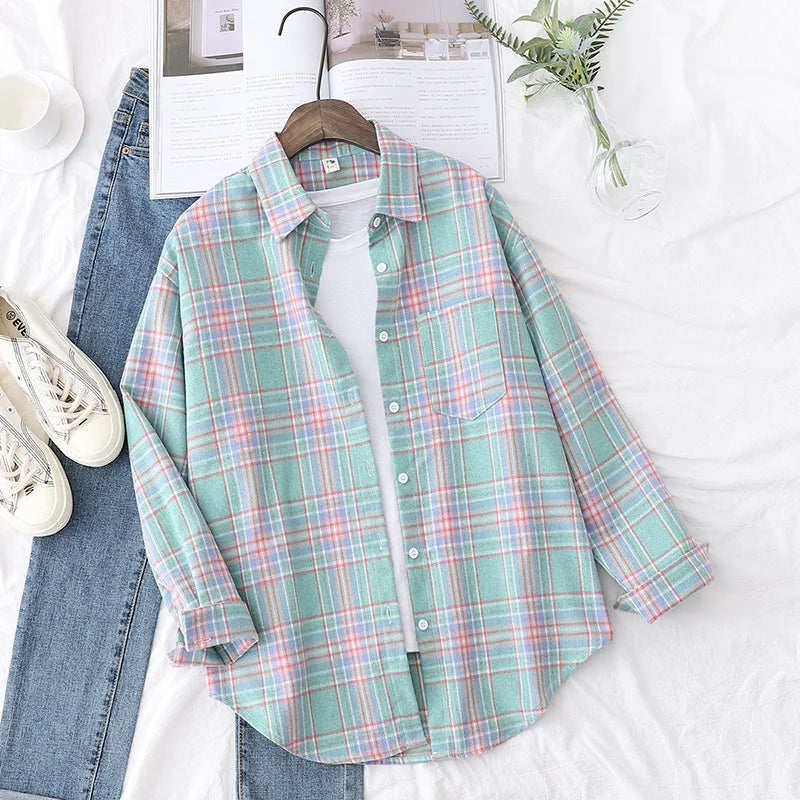 Women's Plaid Shirt 2025 New Ladies Loose Casual Blouse and Tops Fresh College Style Female Long Sleeve Shirts Women Clothes