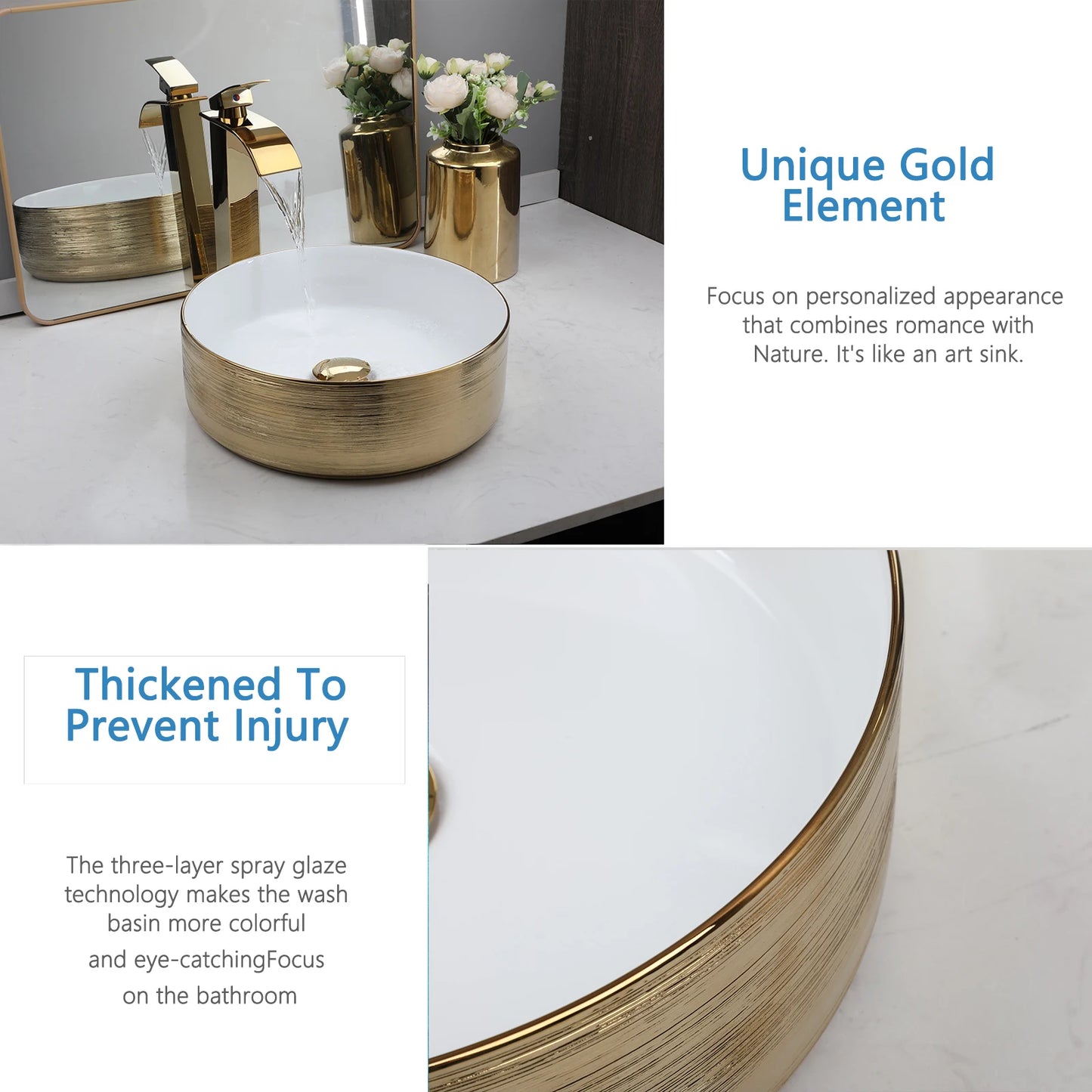 YANKSMART Gold Runder Keramik Waschbecken Wasserhahn Goldener Einhandmischer Wasserfallarmatur mit Pop-up-Ablaufgarnitur Set