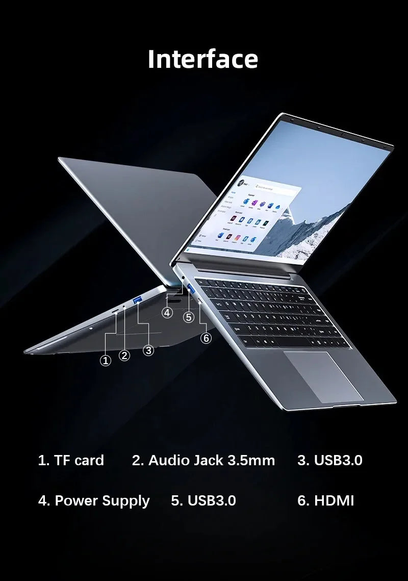 New Ultra Slim Laptop 14.1" 16GB RAM 2TB SSD Intel Pentium 4405U Notebook Gamer 1920*1080 Display Office Study Computer PC