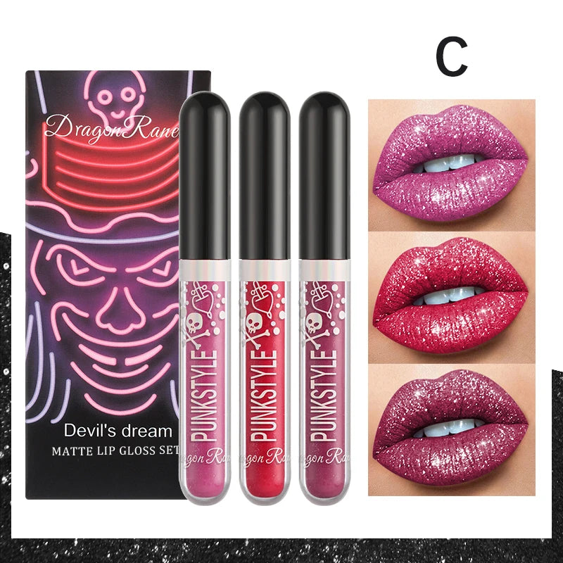Lot de trois brillants à lèvres, rouge à lèvres nacré non-adhésif, ensemble de brillants à lèvres violets et noirs scintillants