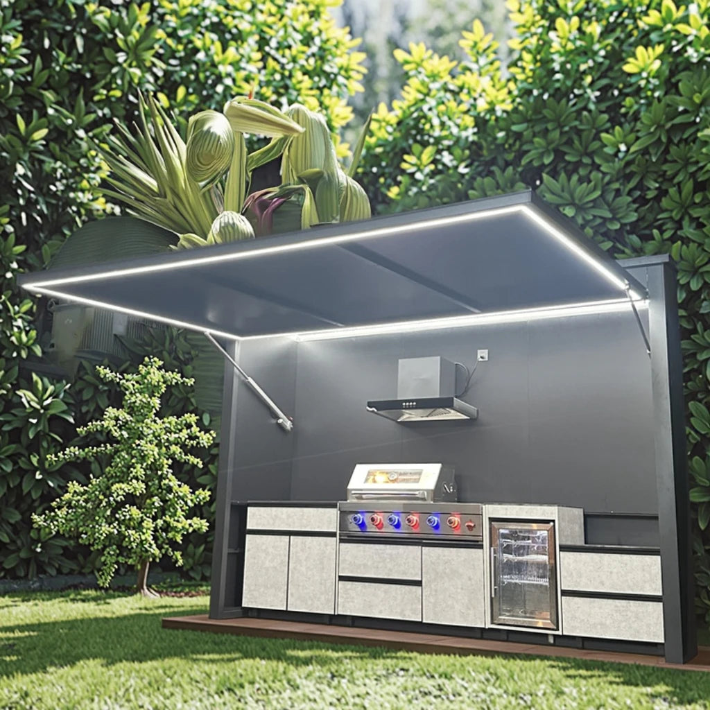 All in One Customizable Modern Premium Powder Coated Rust-Proof & Wind-Resistant Outdoor BBQ Station with Fridge & Sink