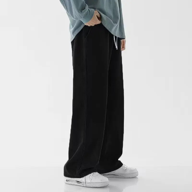 Jeans amples coréens pour hommes, taille élastique, couleur unie classique, jean à coupe droite, pantalon large pour hommes, bleu clair, gris, noir