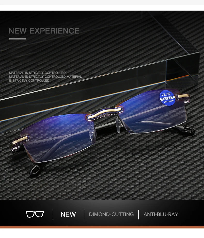 Lunettes de lecture anti-lumière bleue pour femmes, monture sans bords à découpe diamantée, pour hommes, anti-fatigue, hypermétropie, presbytie +1,5