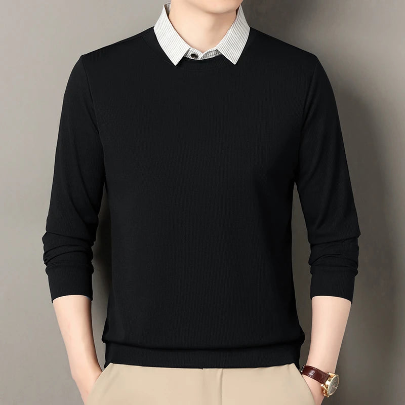 Nouveau polo faux deux pièces pour homme 2025, décontracté, à la mode, à manches longues, col t-shirt, haut polyvalent