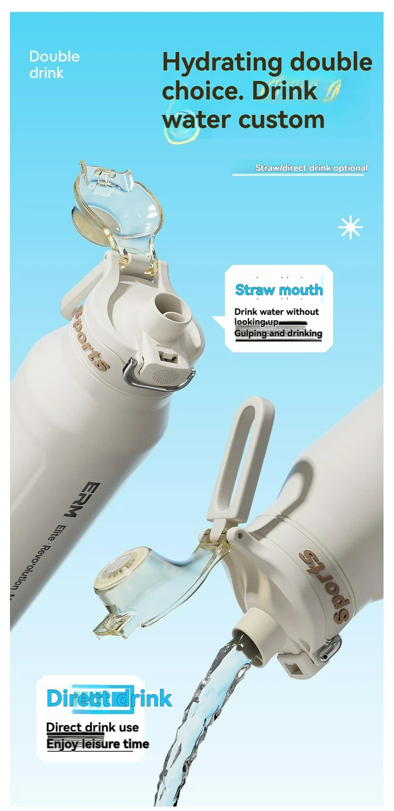 Bouteille d'eau isotherme chaude et froide en acier inoxydable, double paroi portable avec poignée, tasse de sport d'extérieur
