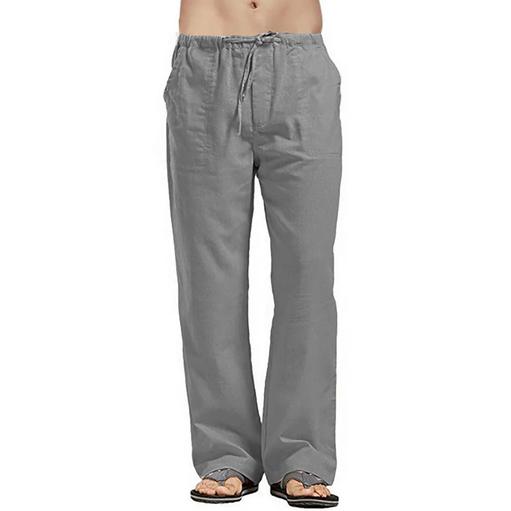 Herren Baumwolle Leinen Lange Hose Leicht Kordelzug mit Taschen Bequeme Gerade Bein Freizeithose für Sommer Strand