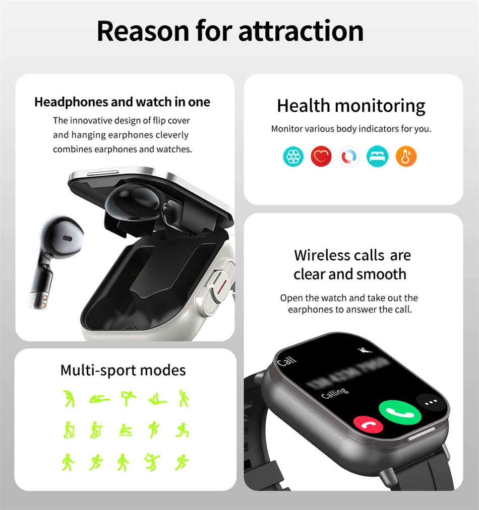 Montre connectée TWS 2 en 1 avec écouteurs, montre de sport, oreillette Bluetooth, montre d'appel, moniteur de santé pour hommes, NFC, montre intelligente pour femmes, écouteurs
