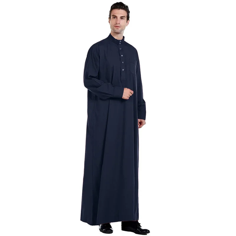 2026 Muslim Clothing Men Jubba Thobe Solid Long Sleeve Kaftan Stand Collar Casual Robe Moroccan Dishdasha Thawb Islamic Clothing