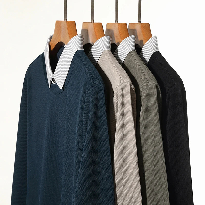 Nouveau polo faux deux pièces pour homme 2025, décontracté, à la mode, à manches longues, col t-shirt, haut polyvalent