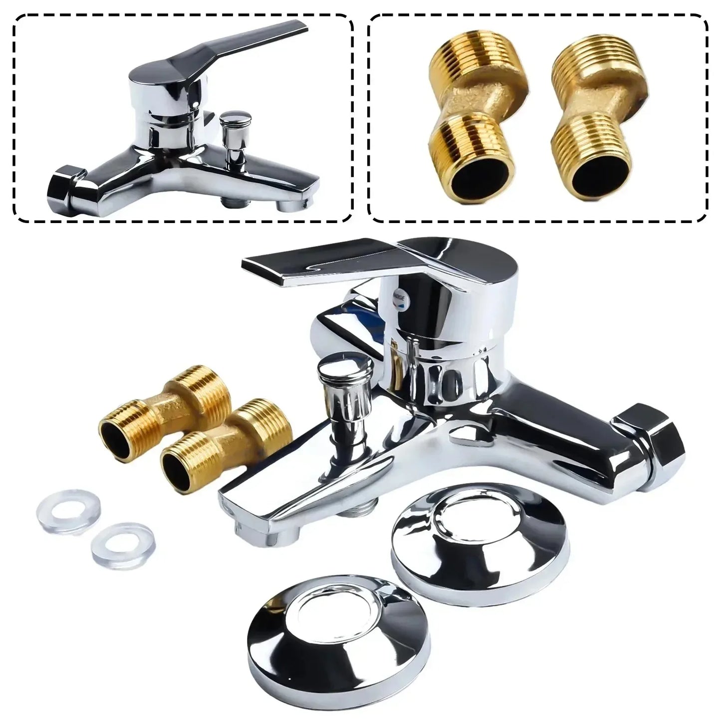 Robinet de salle de bain chromé Robinet de baignoire Fixation murale Robinet de douche eau froide et chaude