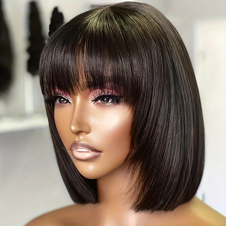 Gerade kurze Bob-Perücke mit Pony Vietnamesisches 100% Echthaar Double Drawn Bob Perücken Kleberlose Glatte Perücken Im Ausverkauf 180%