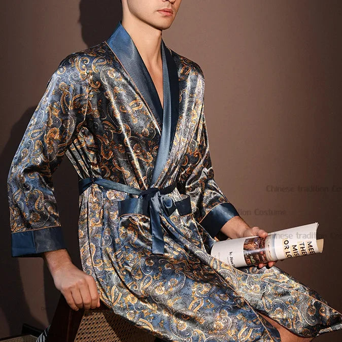 Peignoir d'été fin pour hommes, Robe de nuit de haute qualité, Peignoir une pièce, Vêtements d'intérieur masculins, Pyjama en soie glacée imprimé de grande taille pour homme, printemps