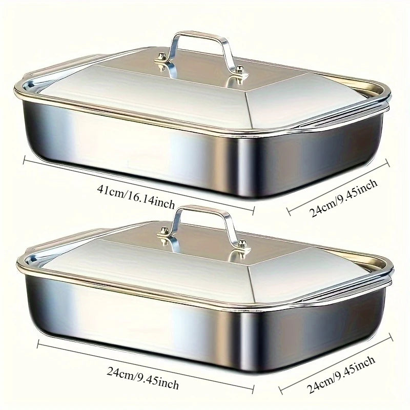 Ensemble de 4 plats de cuisson en acier inoxydable avec couvercles - Plat profond de 40 x 23 cm pour poisson/pâtes/grillades, compatible four et lave-vaisselle, 4,2 L