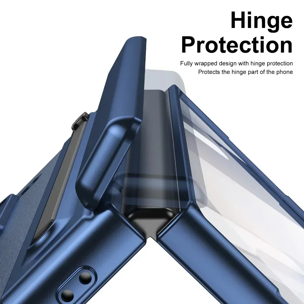 Leder mit Stahlfilm Stifthalter Handyhülle für Samsung Galaxy Z Fold 7 6 5 4 Fold7 Fold6 Scharnierschutz Stoßfeste Hülle