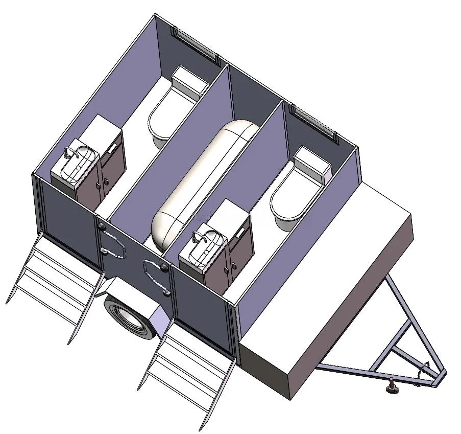 Remorque de toilettes mobiles de luxe, moderne, d'extérieur, à 2 cabines, avec porte double noire