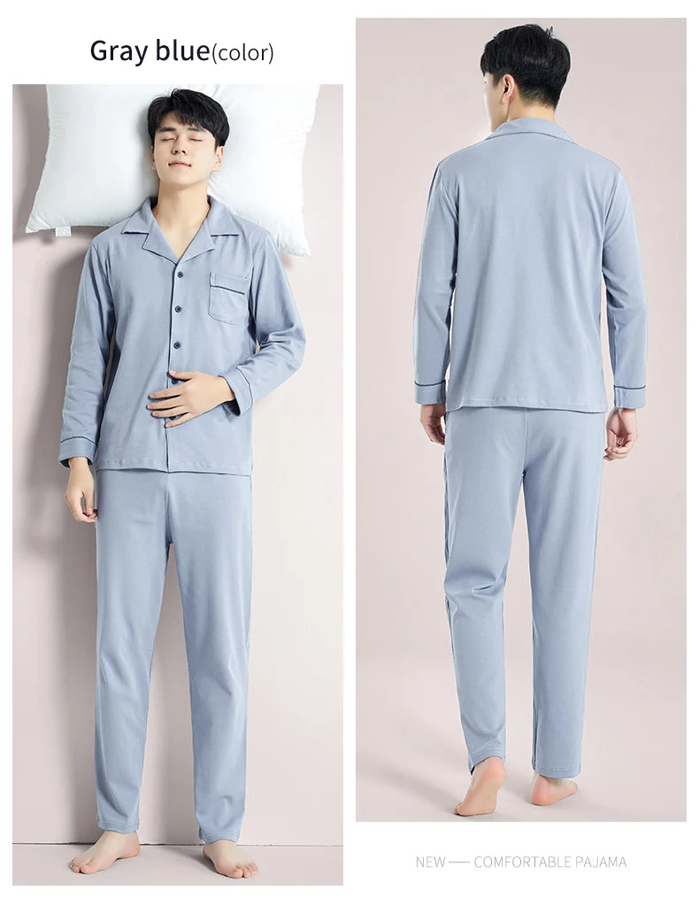 Pyjama d'hiver 100 % coton pour homme, bleu, vêtement de nuit chaud, pyjama en coton à carreaux, grandes tailles