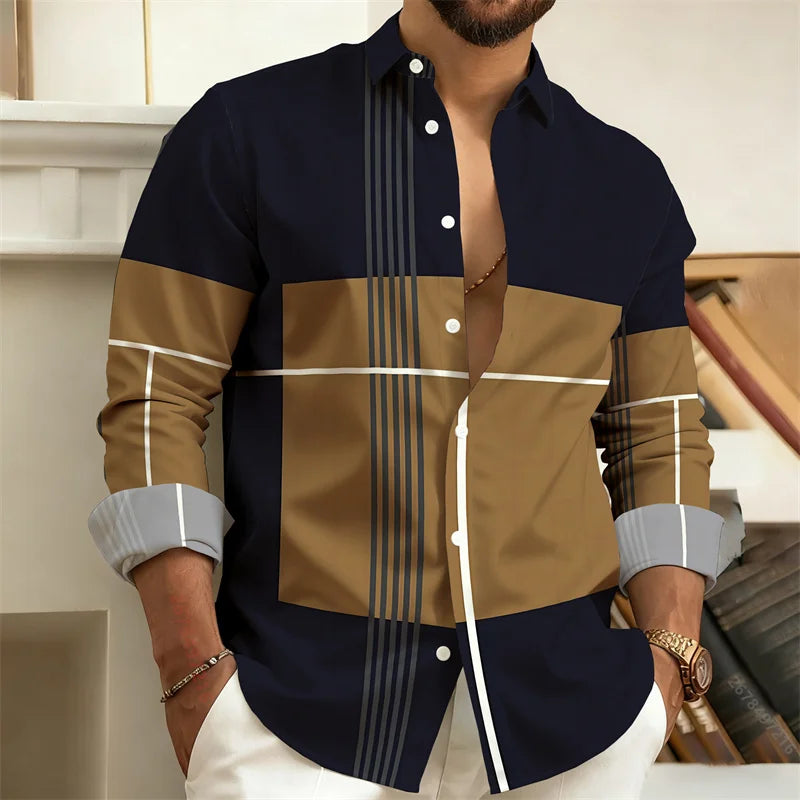 Chemise Homme à Rayures Color Block Manches Longues, Chemise Décontractée Business Style Rétro, Haut Tendance Homme Coupe Slim, Tailles S-6XL