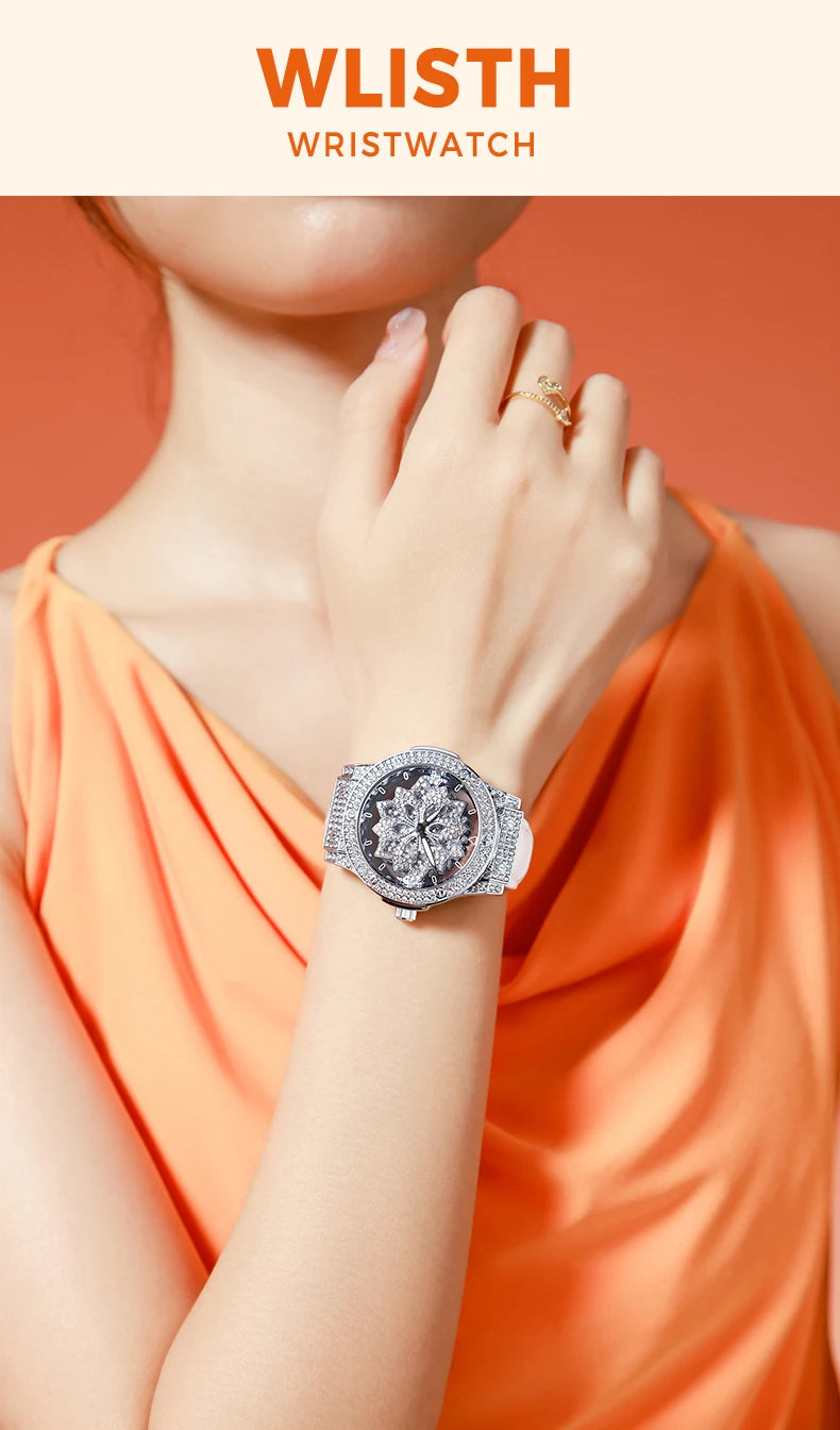 Beliebte Damenuhr mit modischem großem Zifferblatt, wasserdichte Pentagramm-Uhr für Mädchen, rotierende Hohluhr mit Schneeflocken für Damen