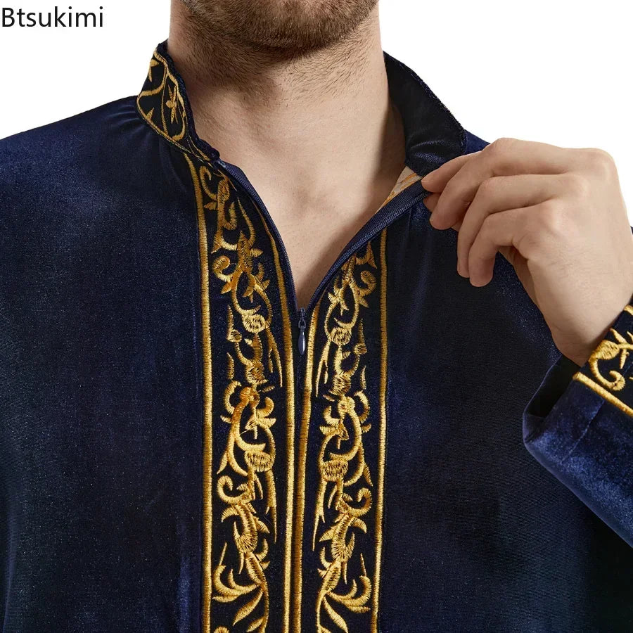 Muslimische Männer Jubba Thobe Islamische Kleidung Samt Kaftan Thoub Arabische Saudi-Robe Kleid Jubah Caftan Thawb Ramadan Gewand Naher Osten
