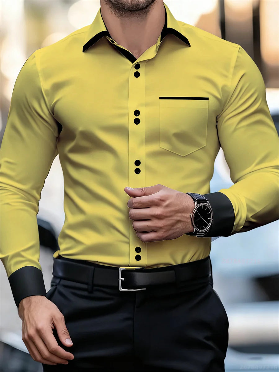 Chemise à manches longues et col color block pour hommes, coupe slim, infroissable, chemise patchwork noire et blanche, haut de mode pour hommes