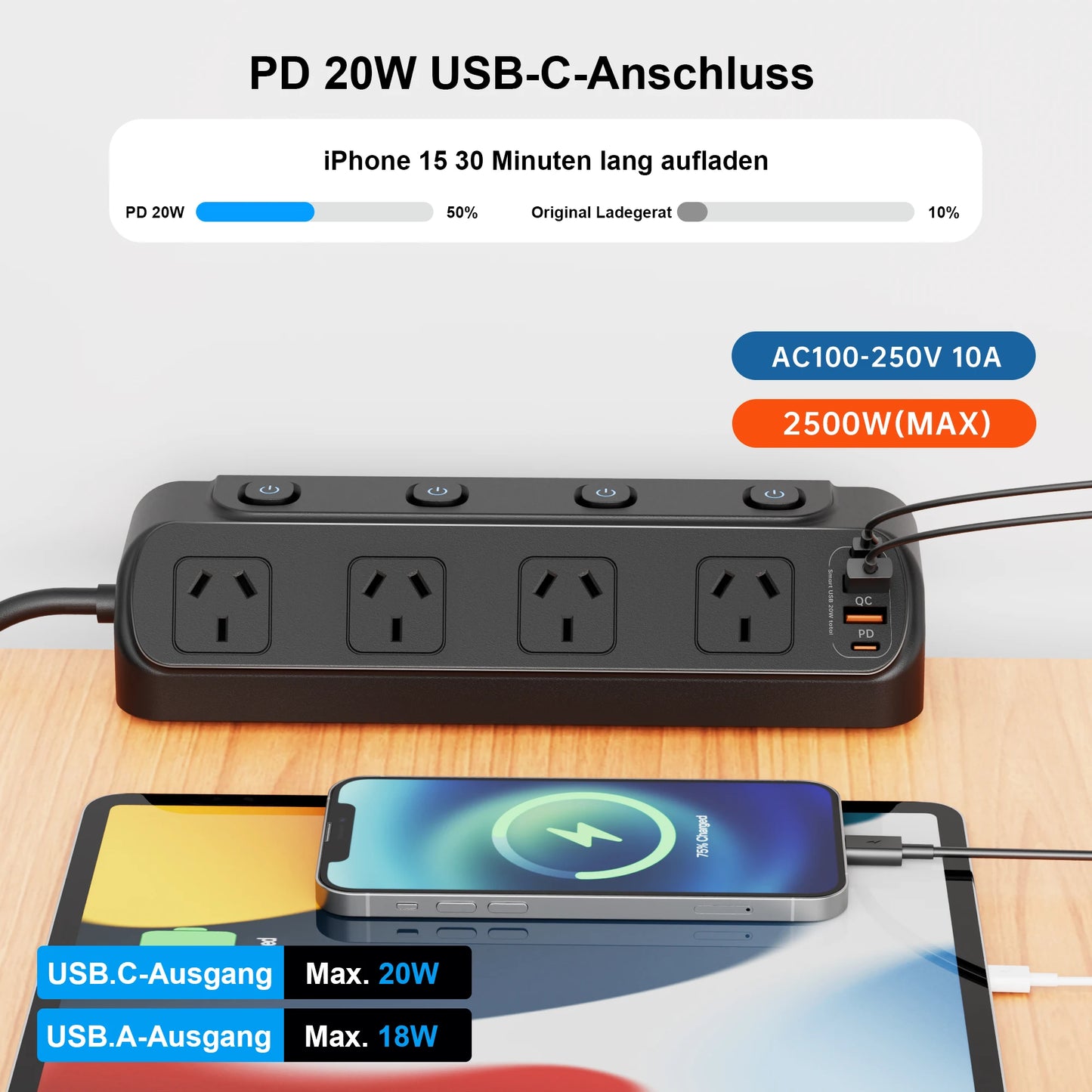 AU Plug Desk Clamp power board with 4 AC outlets 2 USB A and 2 USB C PD20W fast charging, 2m extension cord, multiprise socke