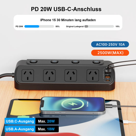 AU Plug Desk Clamp power board with 4 AC outlets 2 USB A and 2 USB C PD20W fast charging, 2m extension cord, multiprise socke