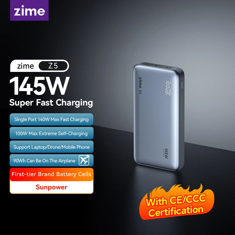 zime Z5 145W PowerBank 25000mAh PD Fast Charging High-wattage Portable Charger For Laptops And Phones With External Battery