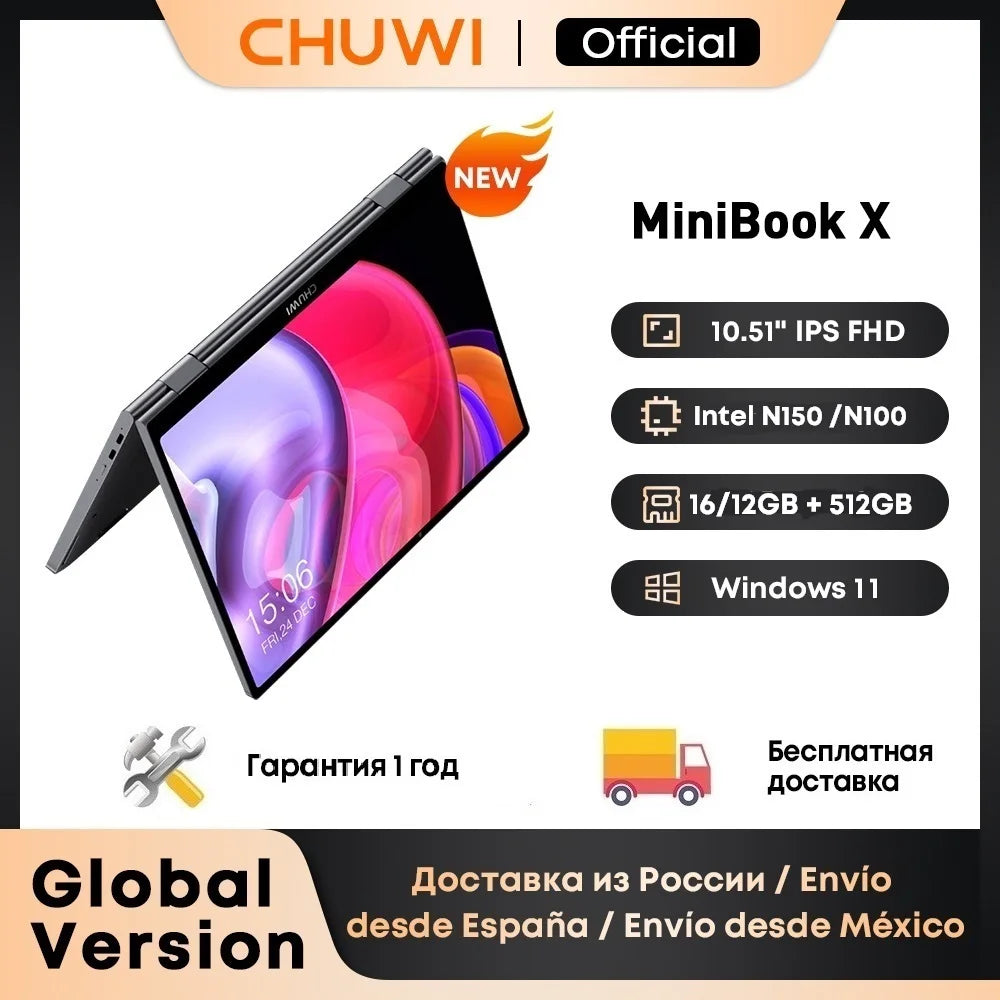 CHUWI MiniBook X Laptop Tablet 2-in-1 Intel N150/N100 10,51" FHD IPS Bildschirm 16GB / 12GB RAM LPDDR5 512G SSD Windows 11 Notebook