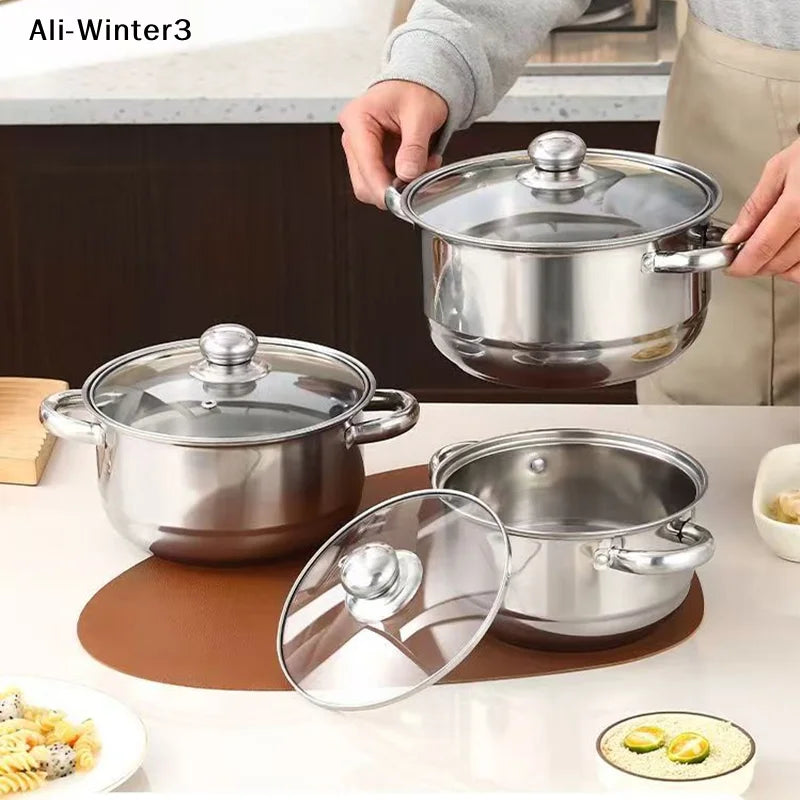 【R】Stainless Casserole Cookware Double Handle Soup Pot With Glass Cover For Induction Cooker Cooking
