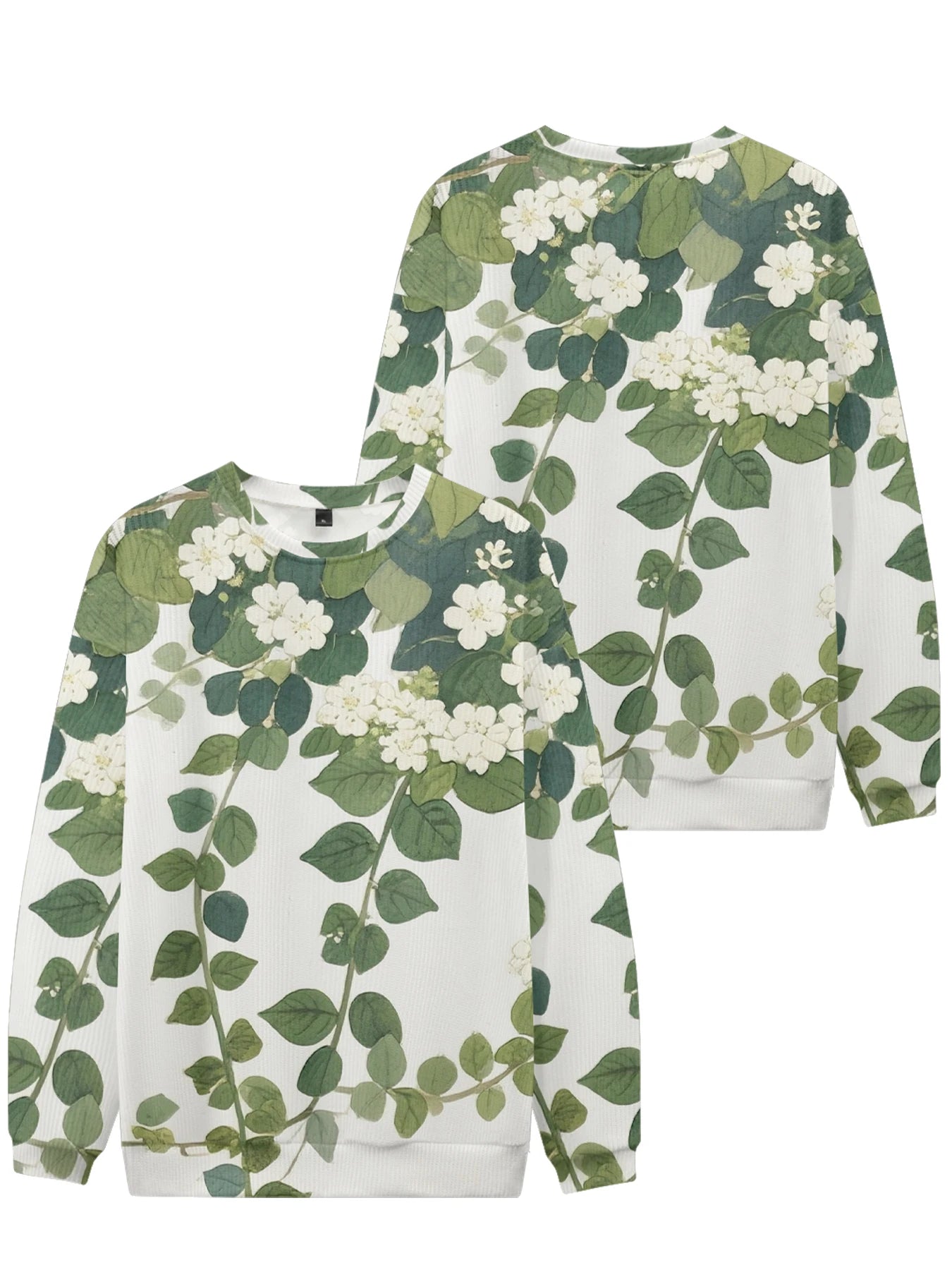 Lebhaftes weißes Rundhals-Sweatshirt mit Blumendruck, vollflächigem botanischen Design mit bunten Blüten und Blättern, lässige Frühlingsmode für Paare