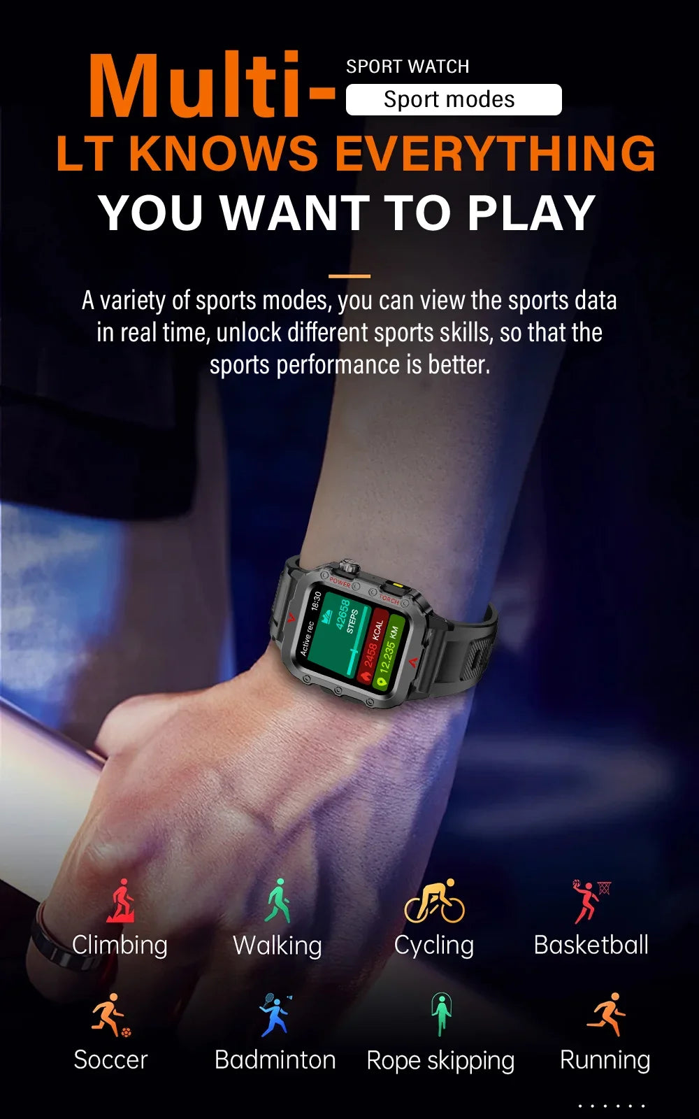 LAXASFIT Nouvelle montre intelligente pour homme Lampe de poche LED Montre intelligente de sport en plein air Surveillance de la santé Montre intelligente