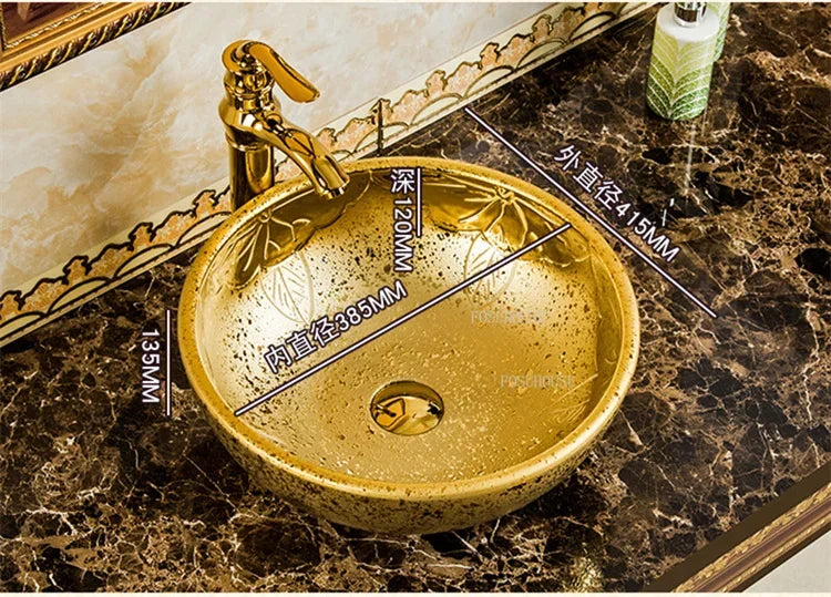 A17 Éviers de Salle de Bain de Luxe Dorés Céramique Maison Lavabo Créatif Toilettes Rondes Au-dessus du Comptoir Simple Salle de Bain Accesoire