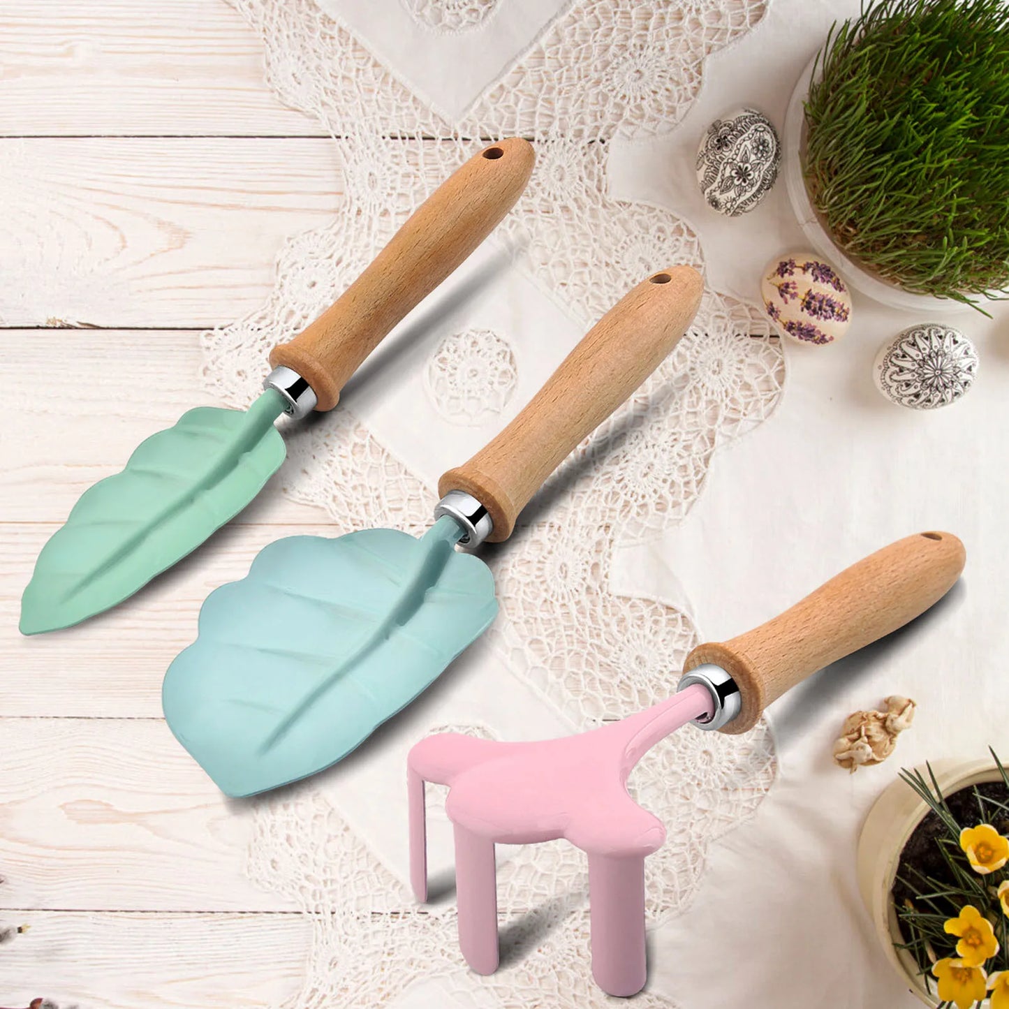 Petit kit d'outils de jardinier, coloré, sûr, avec manche en bois, pelle, râteau, fourche, ensemble de cadeaux de jardinage pour enfants et filles