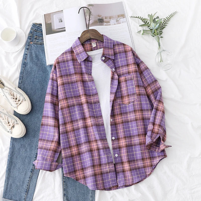 2024 Automne Nouvelle Chemise à Carreaux Ample pour Femme Marque Excellente Qualité Blouses et Hauts Design Décontracté Frais Chemises à Manches Longues pour Femme