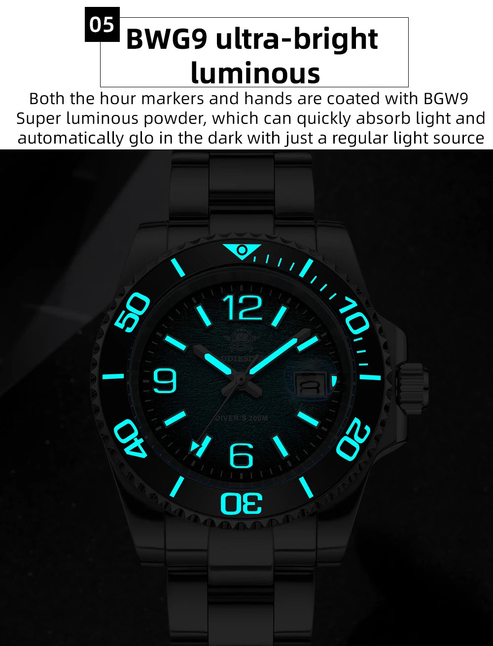 Montre de Plongée Homme ADDIESDIVE 41mm AD2513 Étanche 200m Acier Inoxydable 316L Montre-Bracelet à Quartz Calendrier BGW9 Super Lumineux