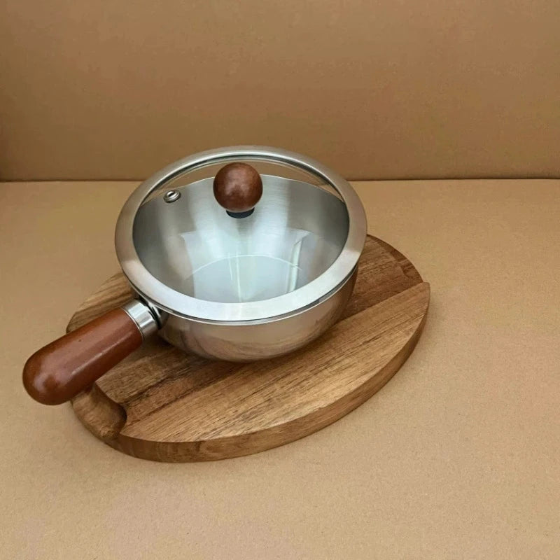 1 mini-casserole en acier inoxydable avec poignée en bois, compacte et multifonctionnelle pour chauffer le lait, frire les œufs, pour la maison et la cuisine