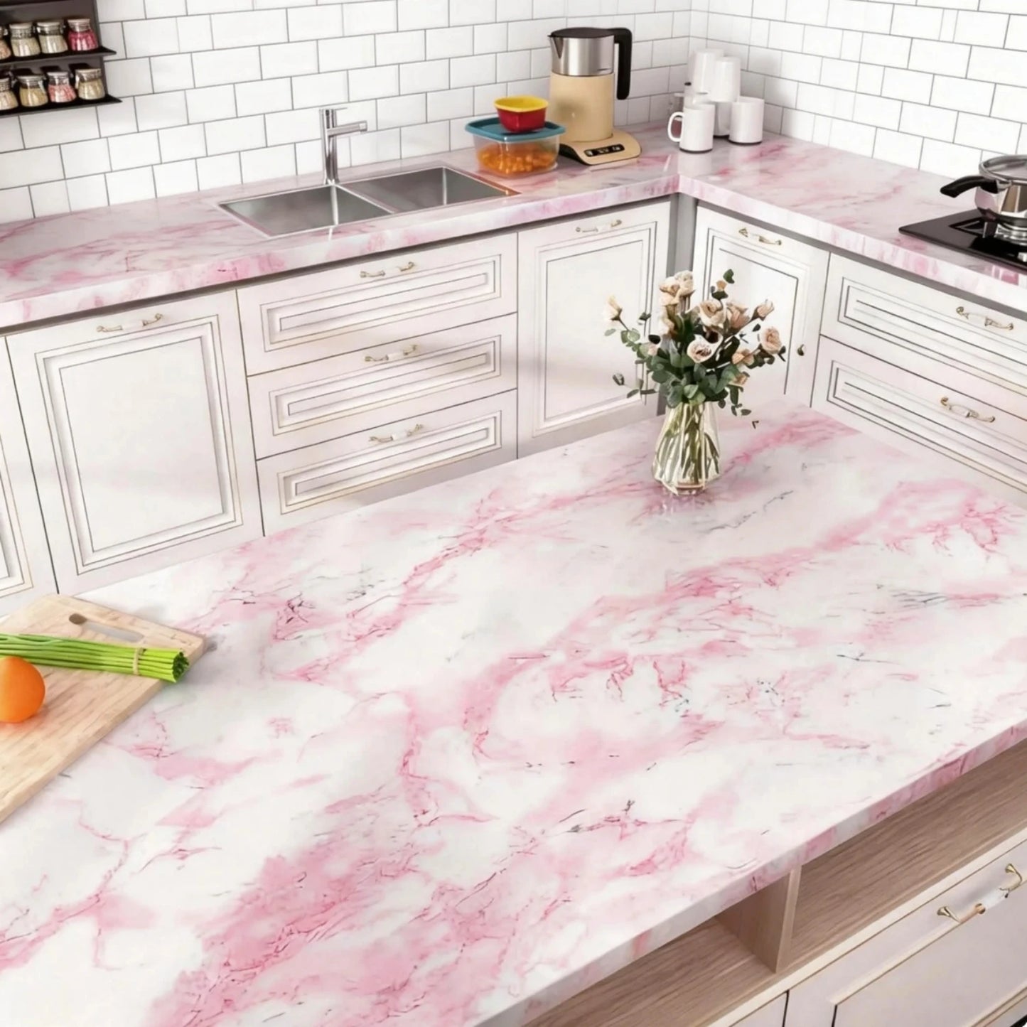 Glossy Pink Marble Contact Paper Self-Adhesive Kitchen CountertopGranite Wallpaper Waterproof Oil Proof Sticker for Home Decor