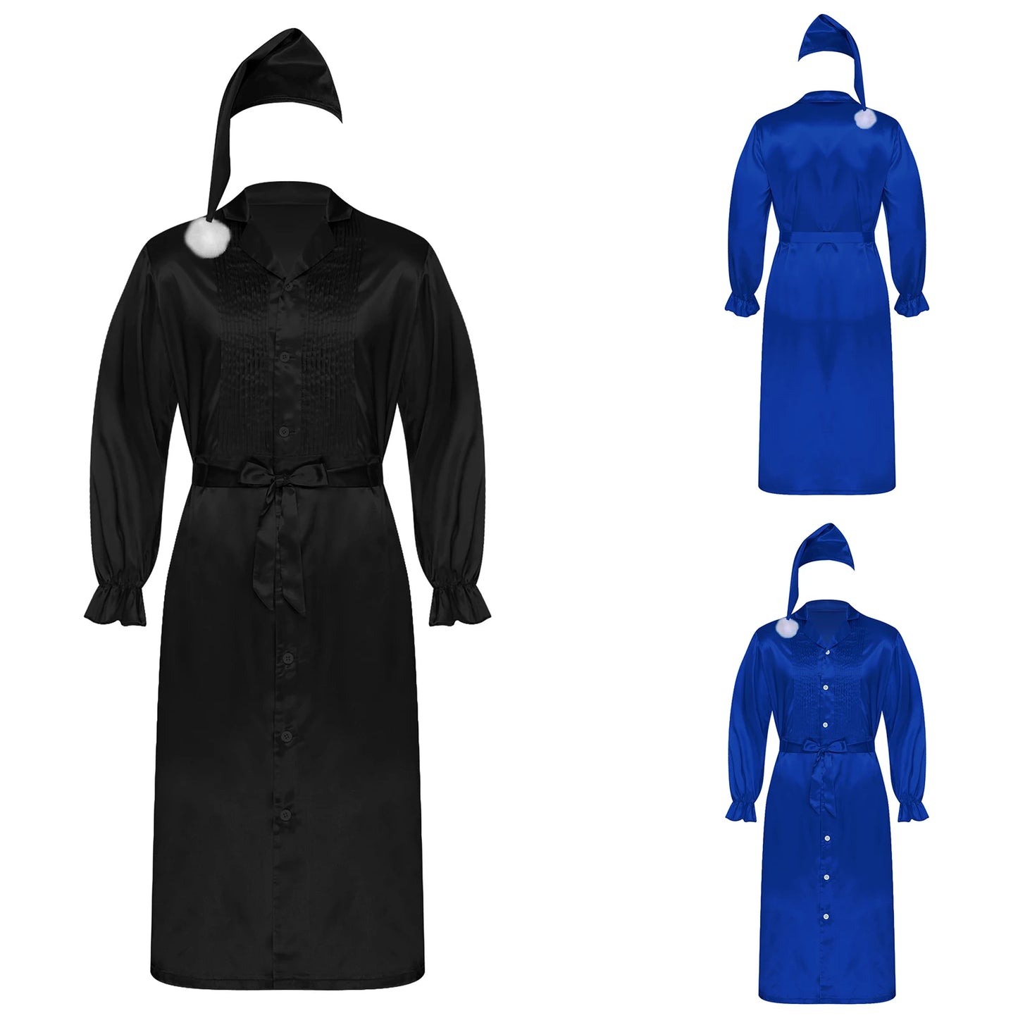 Herren Sissy Pyjama Satin-Nachtwäsche Nachthemd mit Schlafhaube Langarm Rüschenmanschetten Plissierter Brustumhang mit Gürtel Vintage