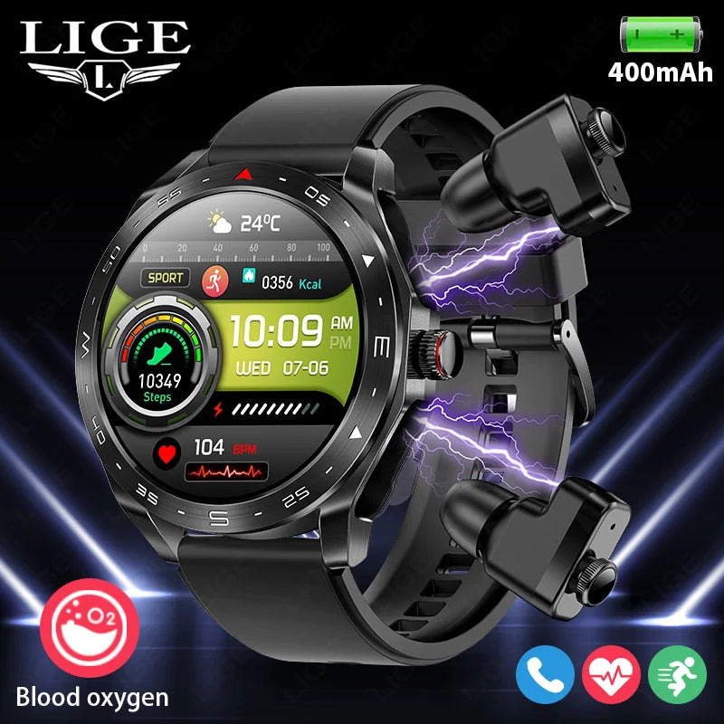LIGE Avec écouteurs Bluetooth Casque Smartwatch Femme Moniteur d'activité Montre de sport Homme Étanche Montre intelligente Écran AMOLED