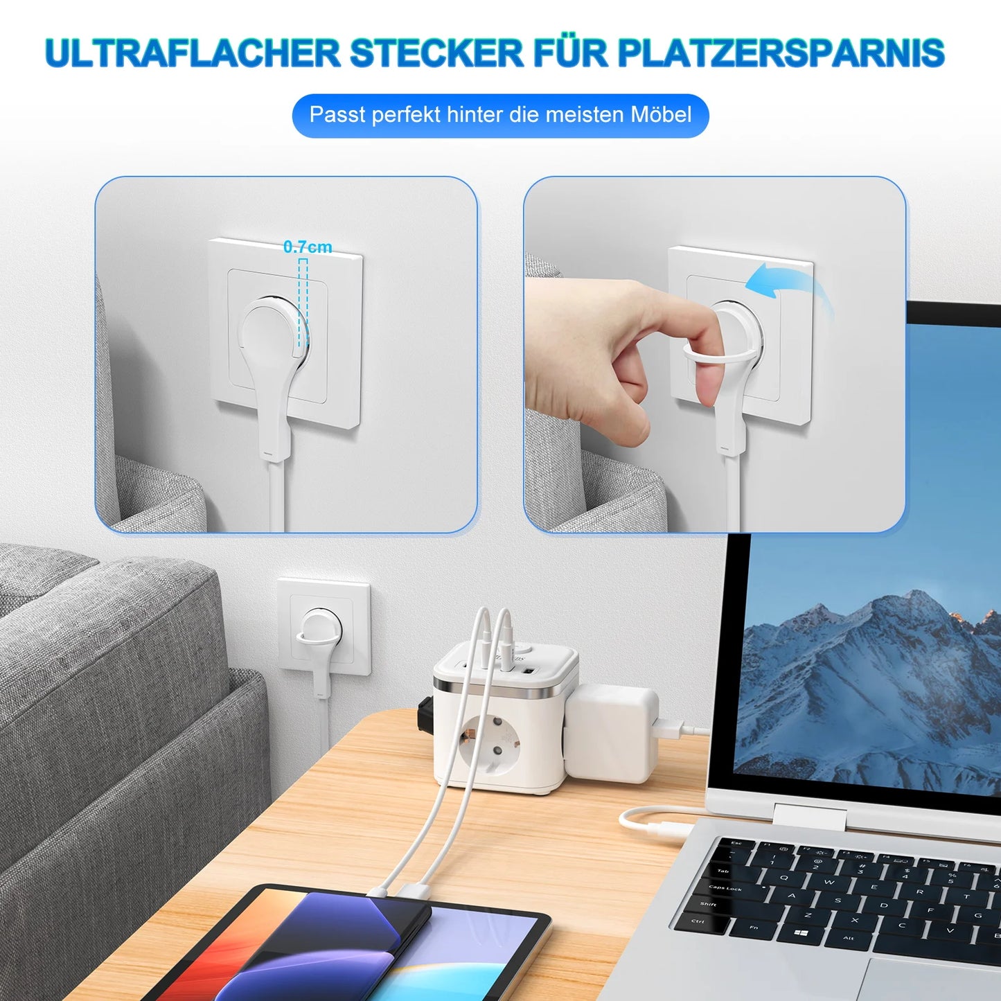 7-in-1 EU Multi-function Power board Ultra-thin flat plug with 3 AC power outlets 2 USB-C and 2 USB-A 2-meter extension cords