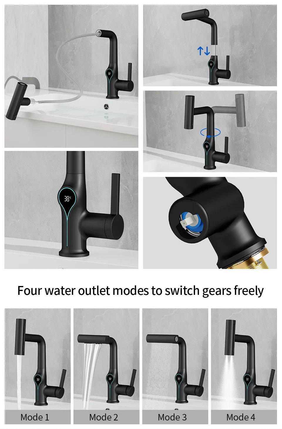 Robinet de lavabo numérique avec affichage de la température Cascade, pulvérisateur à jet relevable haut et bas, mélangeur chaud/froid pour salle de bain